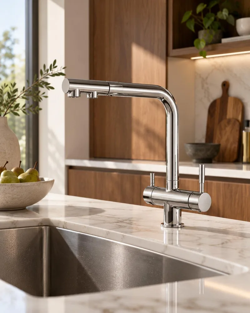 Grifo de 3 vías con caño angular